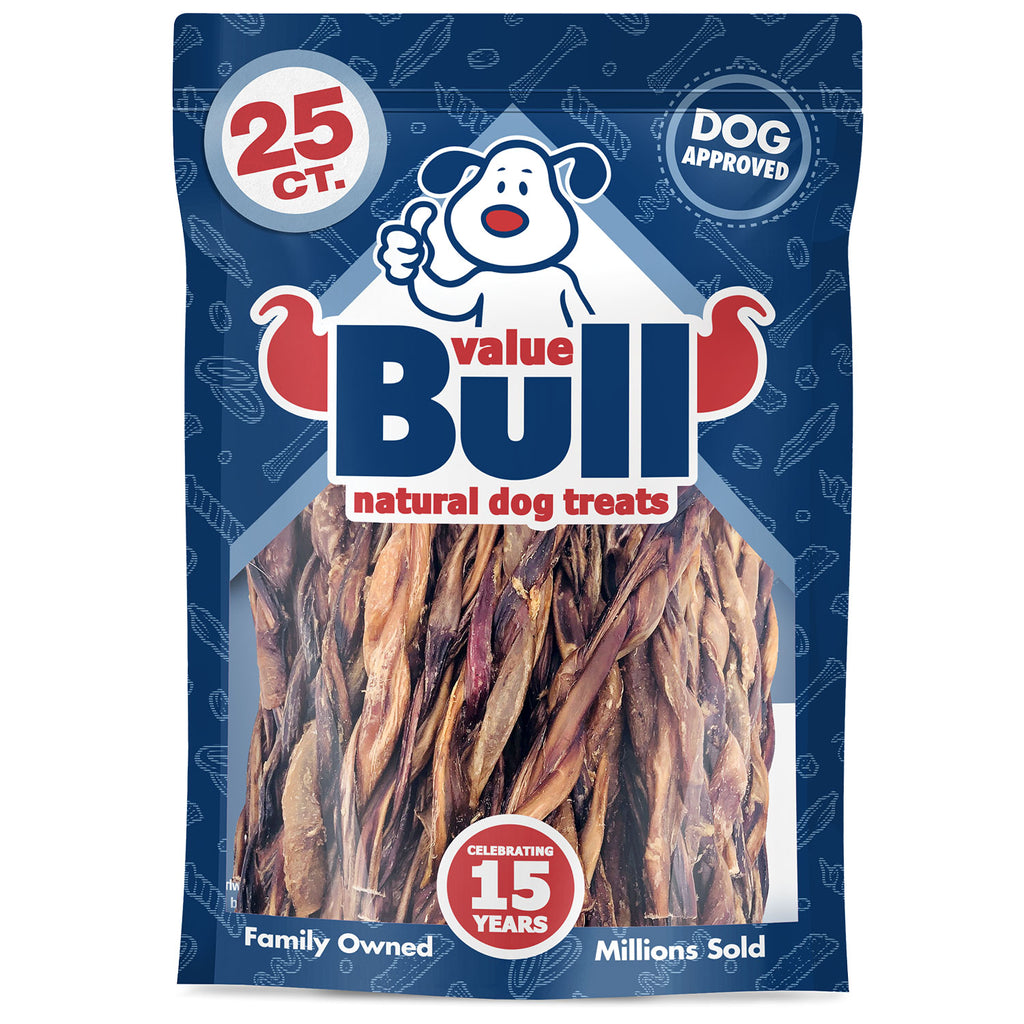 Pork Pizzle Sticks, Braided, 6 Inch, 25 Count - All Natural Dog Chews, Rawhide Free, Pork Bully Pizzles Dog Treat, Cleans Teeth 