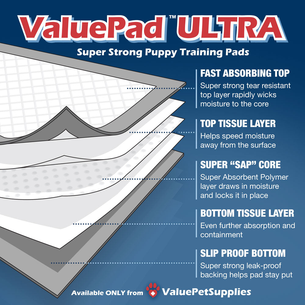 IMPROVED- ValuePad Ultra Puppy Pads, Medium 23x24 Inch, 200 Count - Super Premium Puppy Pee Pads for Dogs, Fast-absorbing Top Sheet, Super Absorbent Polymer Gel Core, 5-Layer Design 