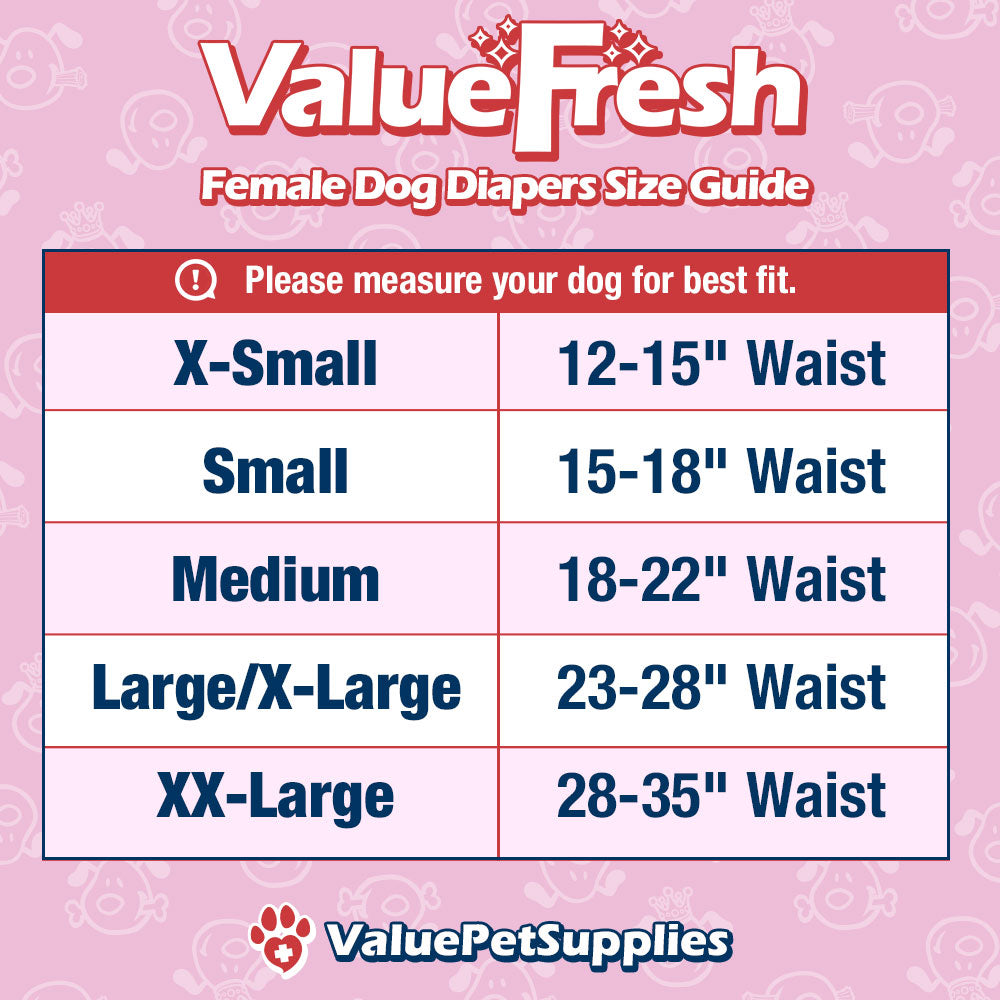 ValueFresh Female Dog Disposable Diapers, XX-Large, 288 Count BULK PACK - Full Coverage w/Tail Hole, Snag-Free Fasteners, Leak Protection, Wetness Indicator 